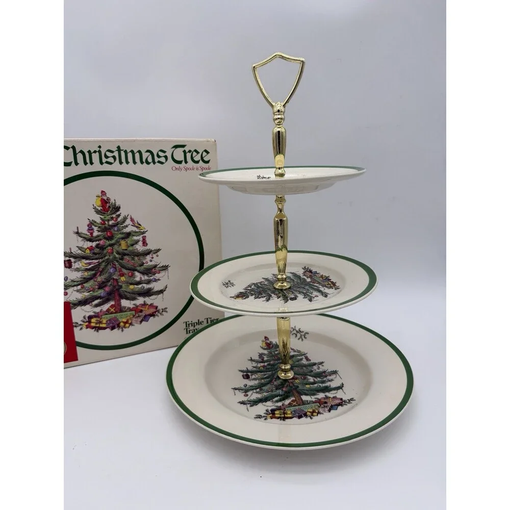 Spode Christmas Tree Triple 3 Tier Serving Tray Cookie Stand England Porcelain B